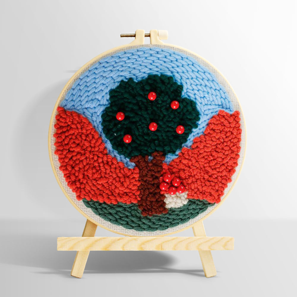 Colorful tree with red beads punch needle kit for beginners