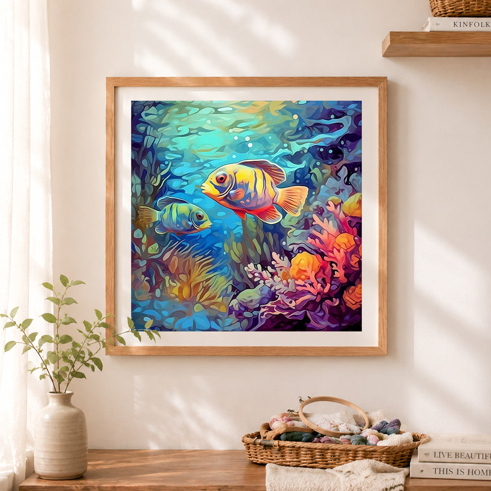 Finished colorful tropical fish underwater scene cross stitch artwork displayed as home decor