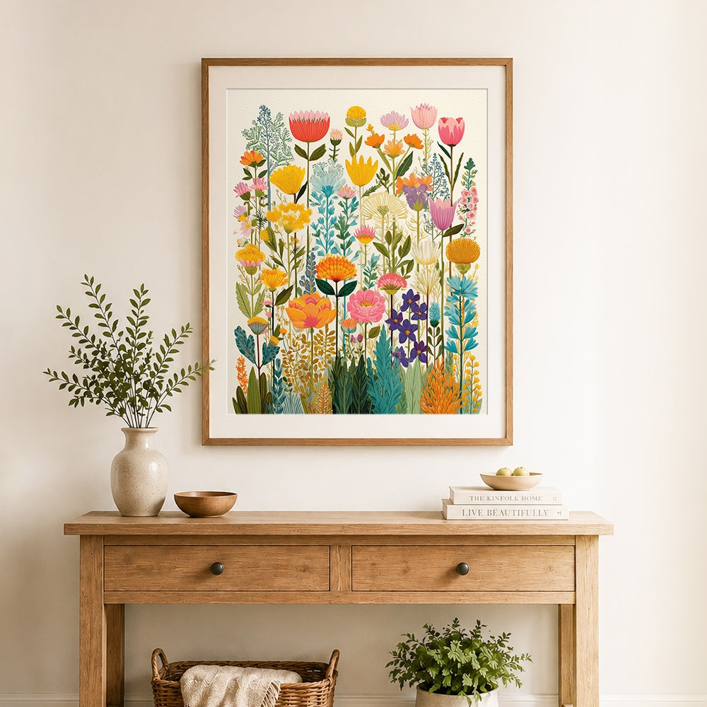 Finished colorful tulips and wildflowers cross stitch artwork displayed as home decor
