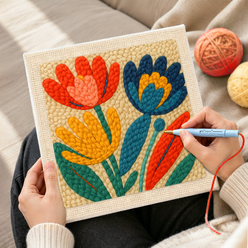 Creating handmade colorful tulips punch needle artwork