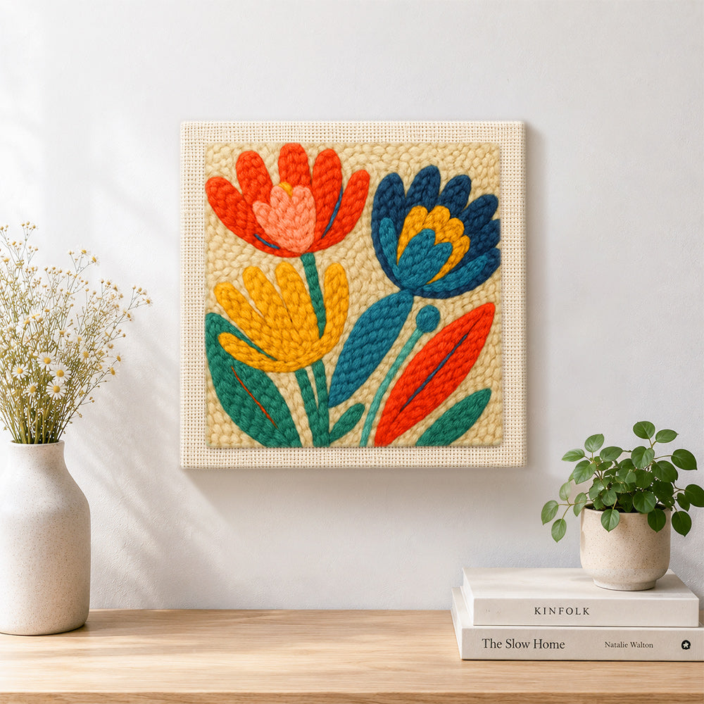 Finished colorful tulips artwork displayed on a wall