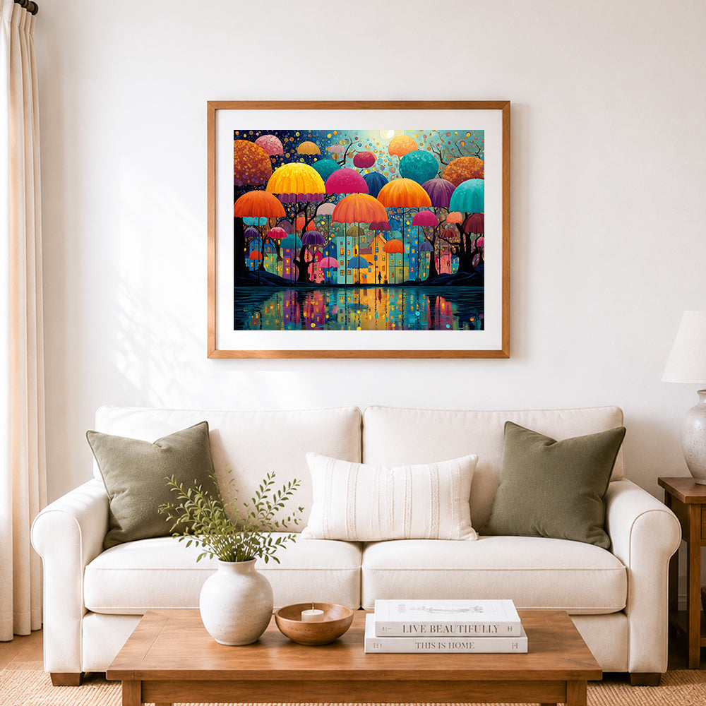 Finished colorful umbrellas and water reflections cross stitch artwork displayed as home decor