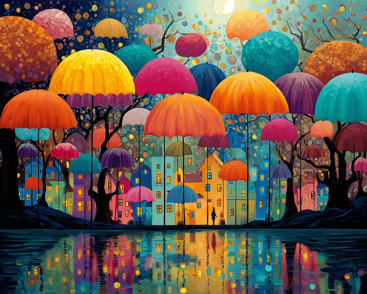 Colorful umbrellas and water reflections cross stitch kit for beginners