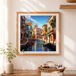 Finished colorful venice canal cityscape cross stitch artwork displayed as home decor