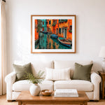 Finished colorful venice canal with boats cross stitch artwork displayed as home decor