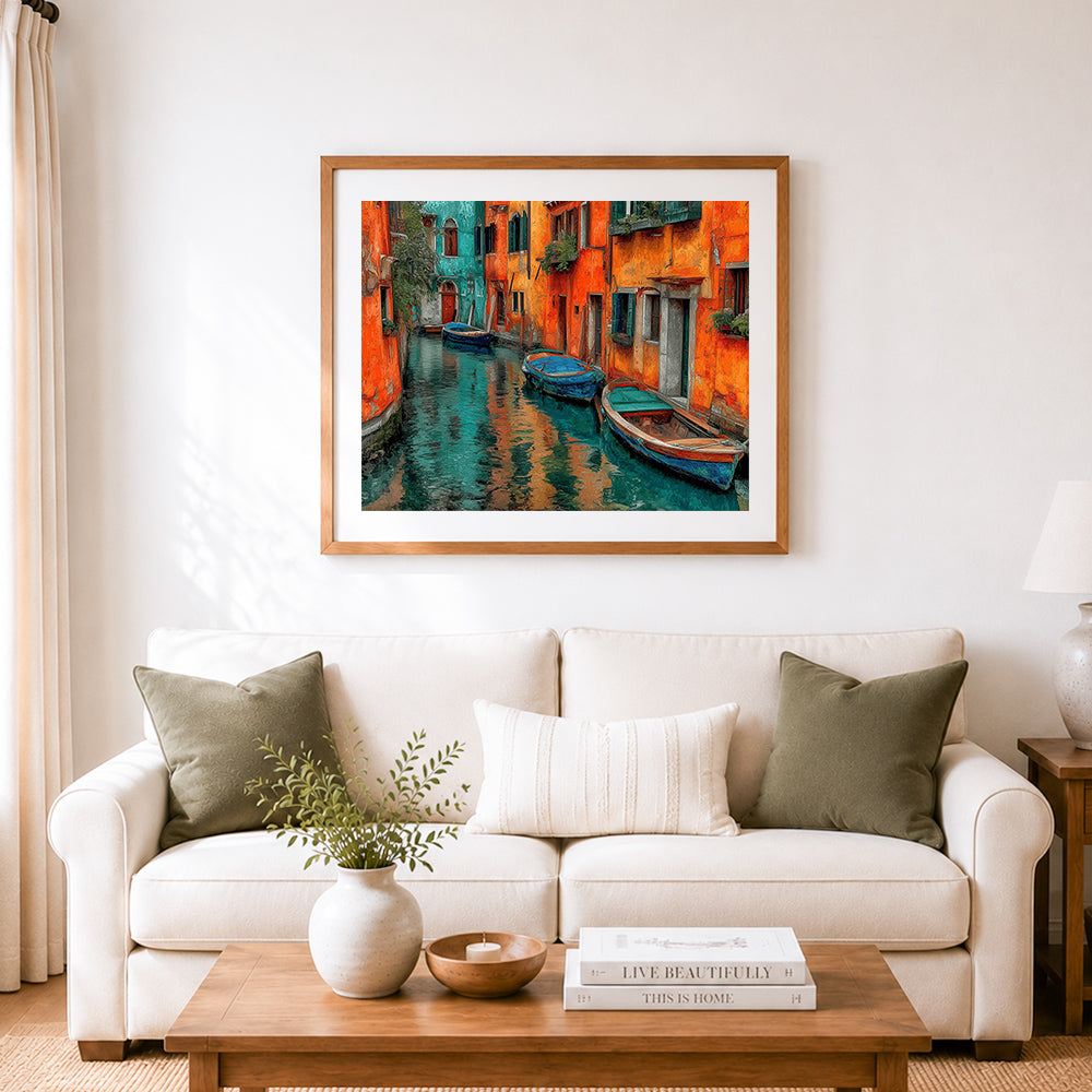 Finished colorful venice canal with boats cross stitch artwork displayed as home decor