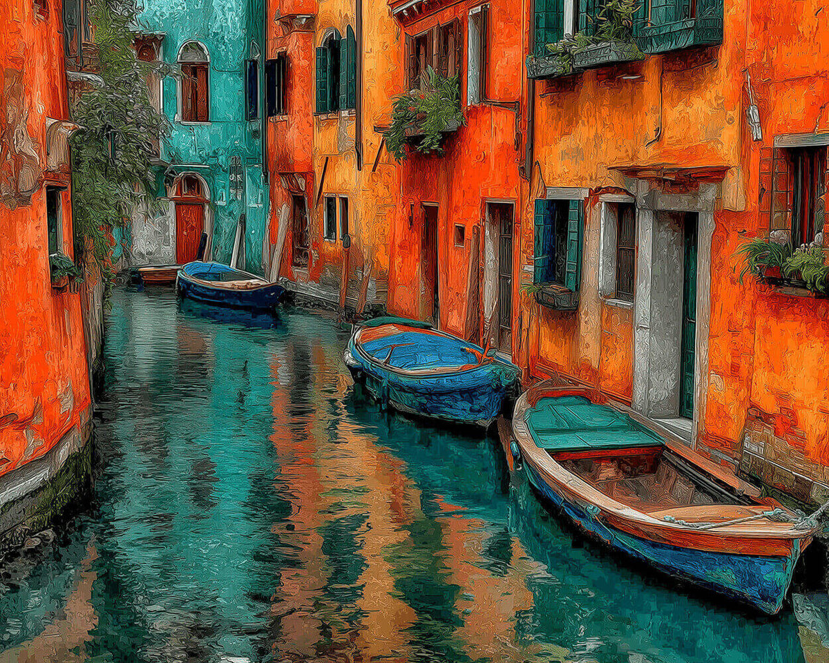 Colorful venice canal with boats cross stitch kit for beginners