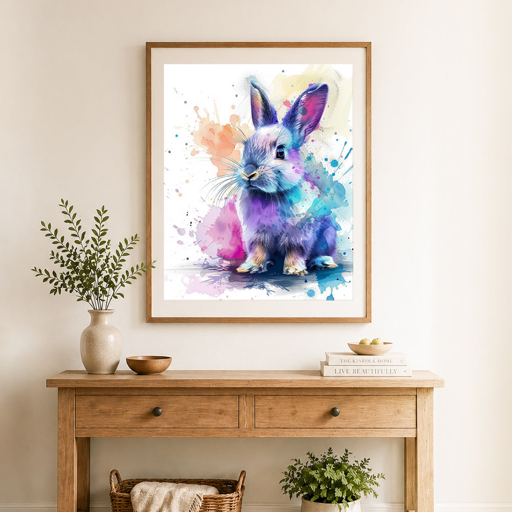 Finished colorful watercolor bunny cross stitch artwork displayed as home decor