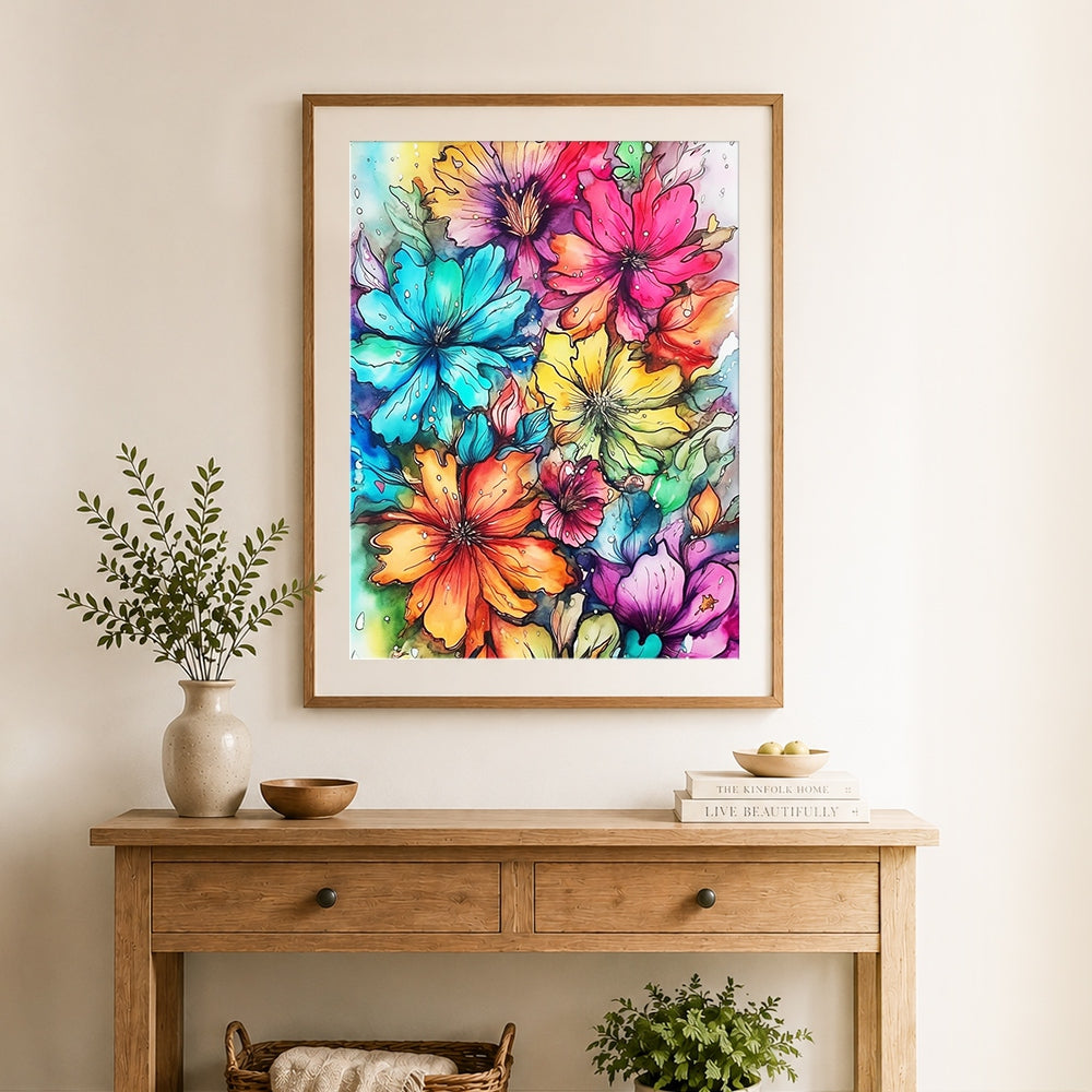 Finished colorful watercolor flowers cross stitch artwork displayed as home decor