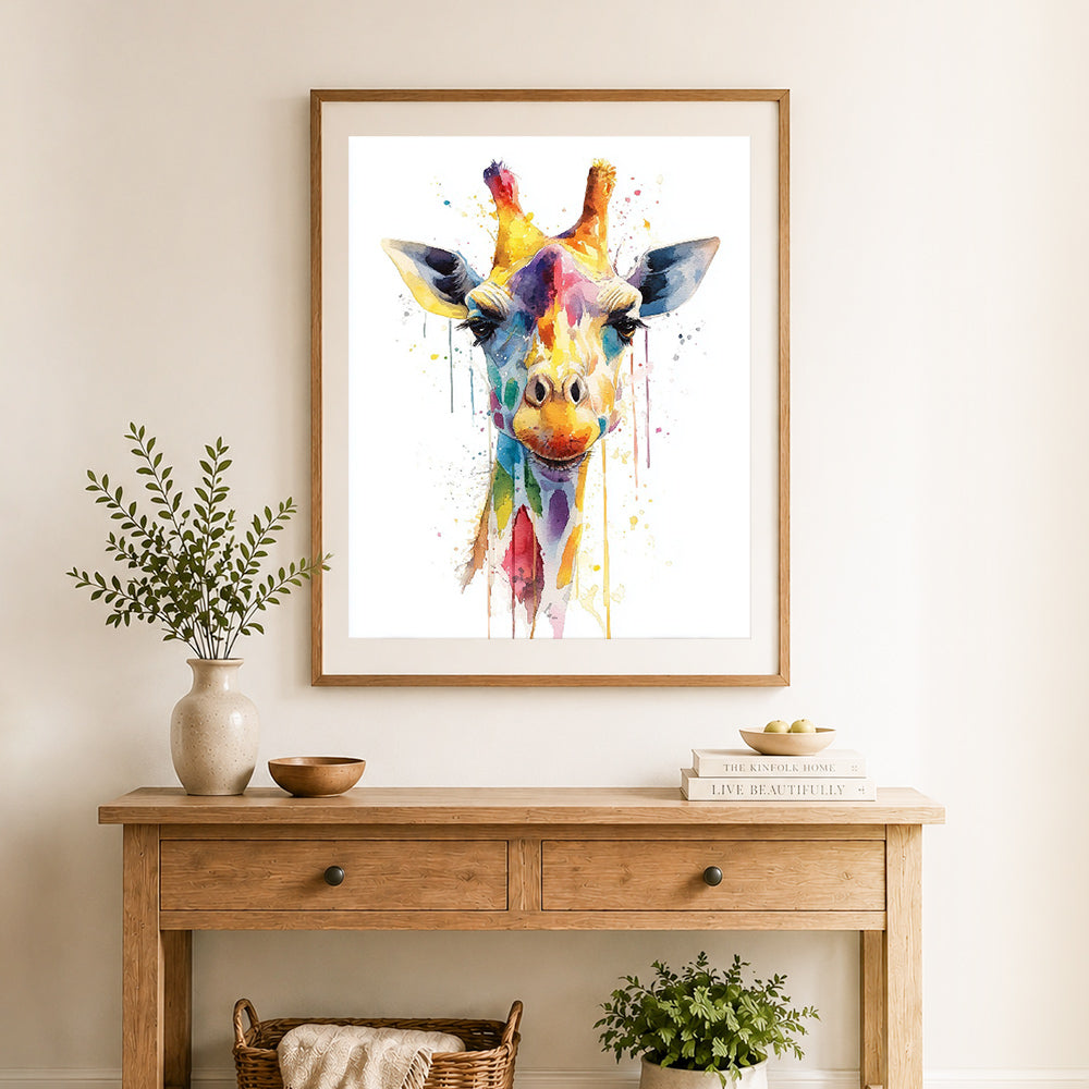 Finished colorful watercolor giraffe cross stitch artwork displayed as home decor
