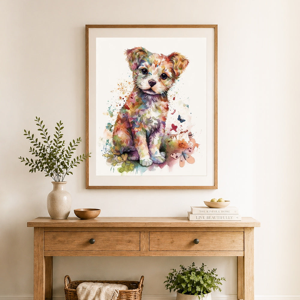 Finished colorful watercolor puppy cross stitch artwork displayed as home decor