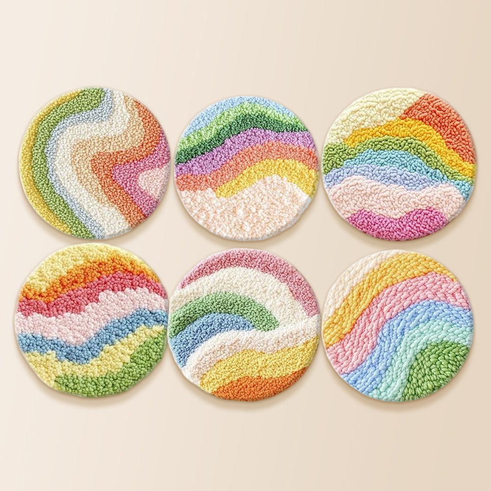 Colorful wavy rainbow punch needle coaster kit finished handmade coasters