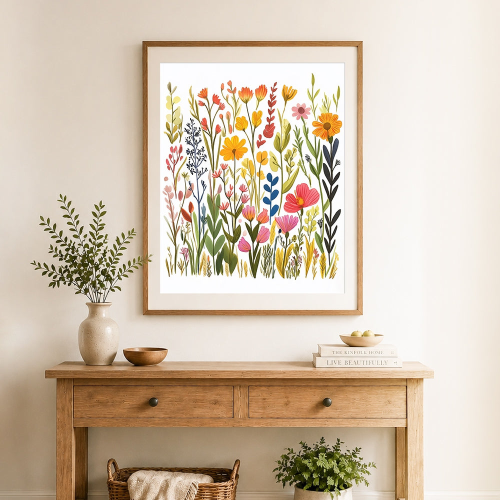 Finished colorful wildflower meadow cross stitch artwork displayed as home decor