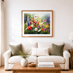 Finished colorful wildflower meadow in full bloom cross stitch artwork displayed as home decor