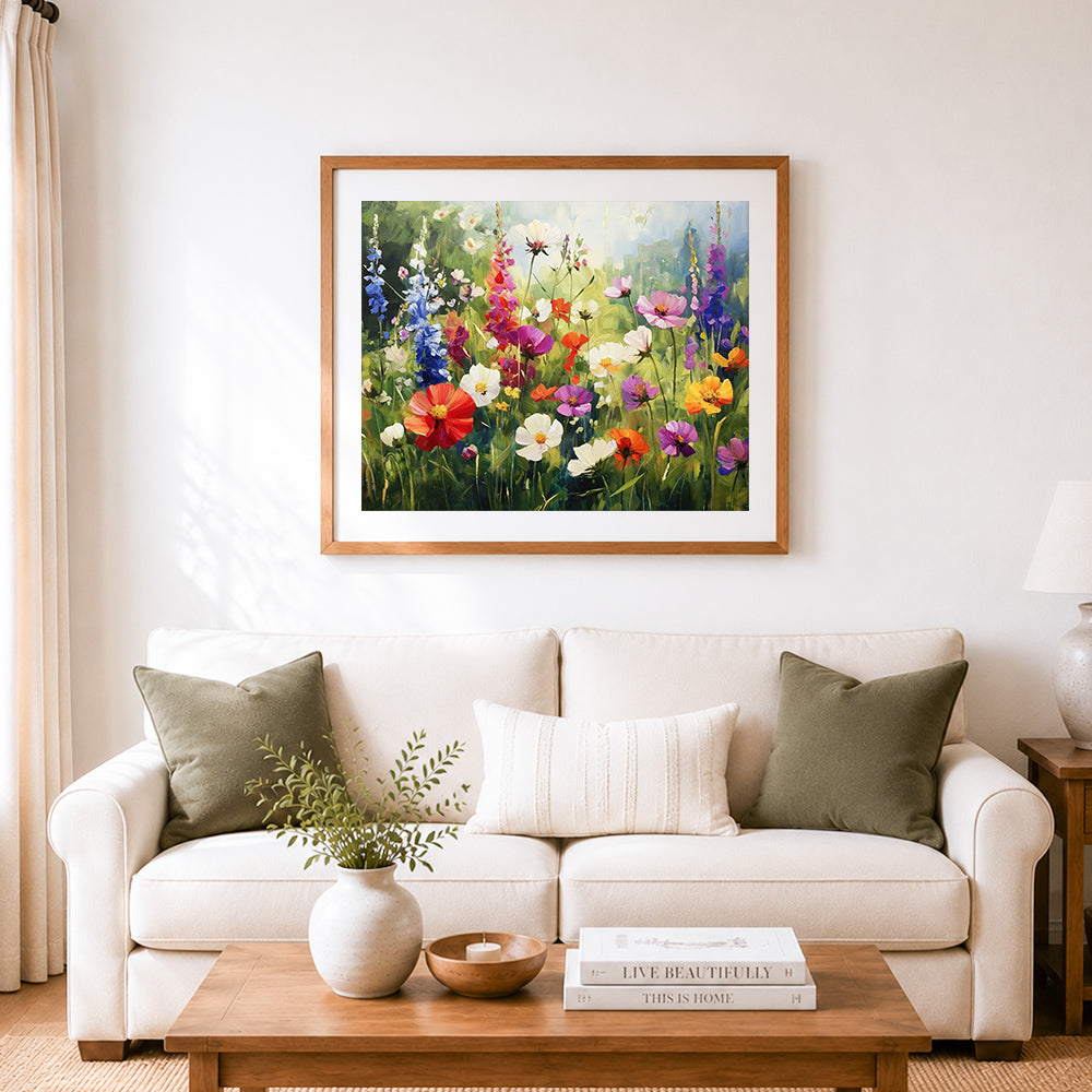 Finished colorful wildflower meadow in full bloom cross stitch artwork displayed as home decor