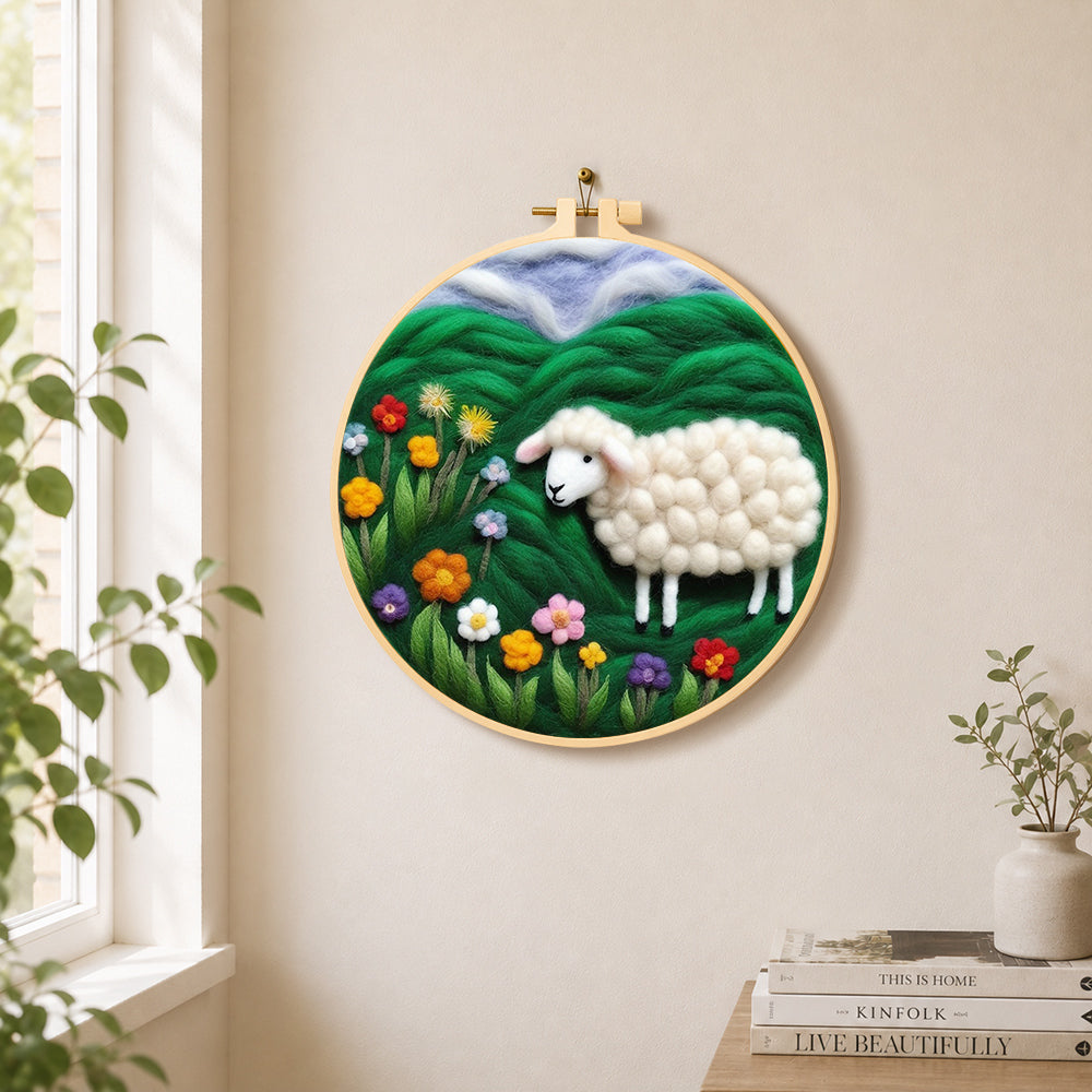 Colorful wildflower meadow with a sheep needle felt wall art displayed in a bright home interior