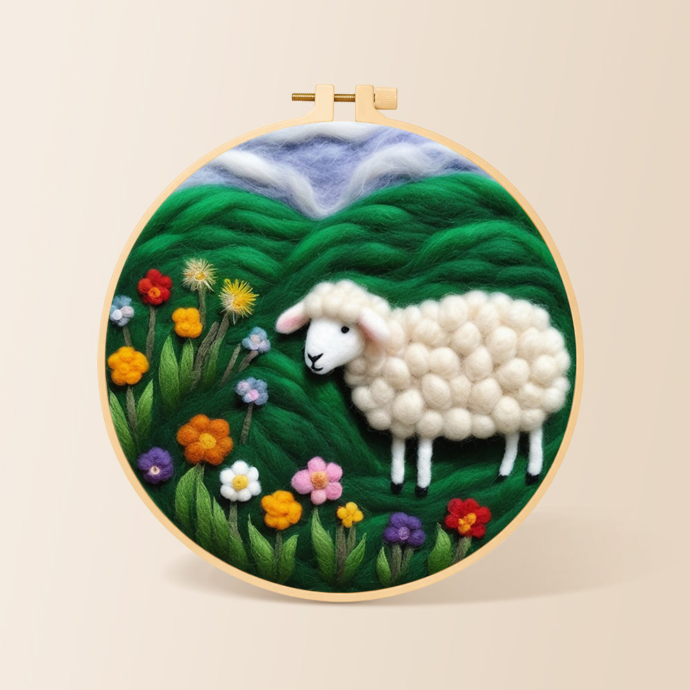 Colorful wildflower meadow with a sheep needle felting kit for beginners with a round wooden frame
