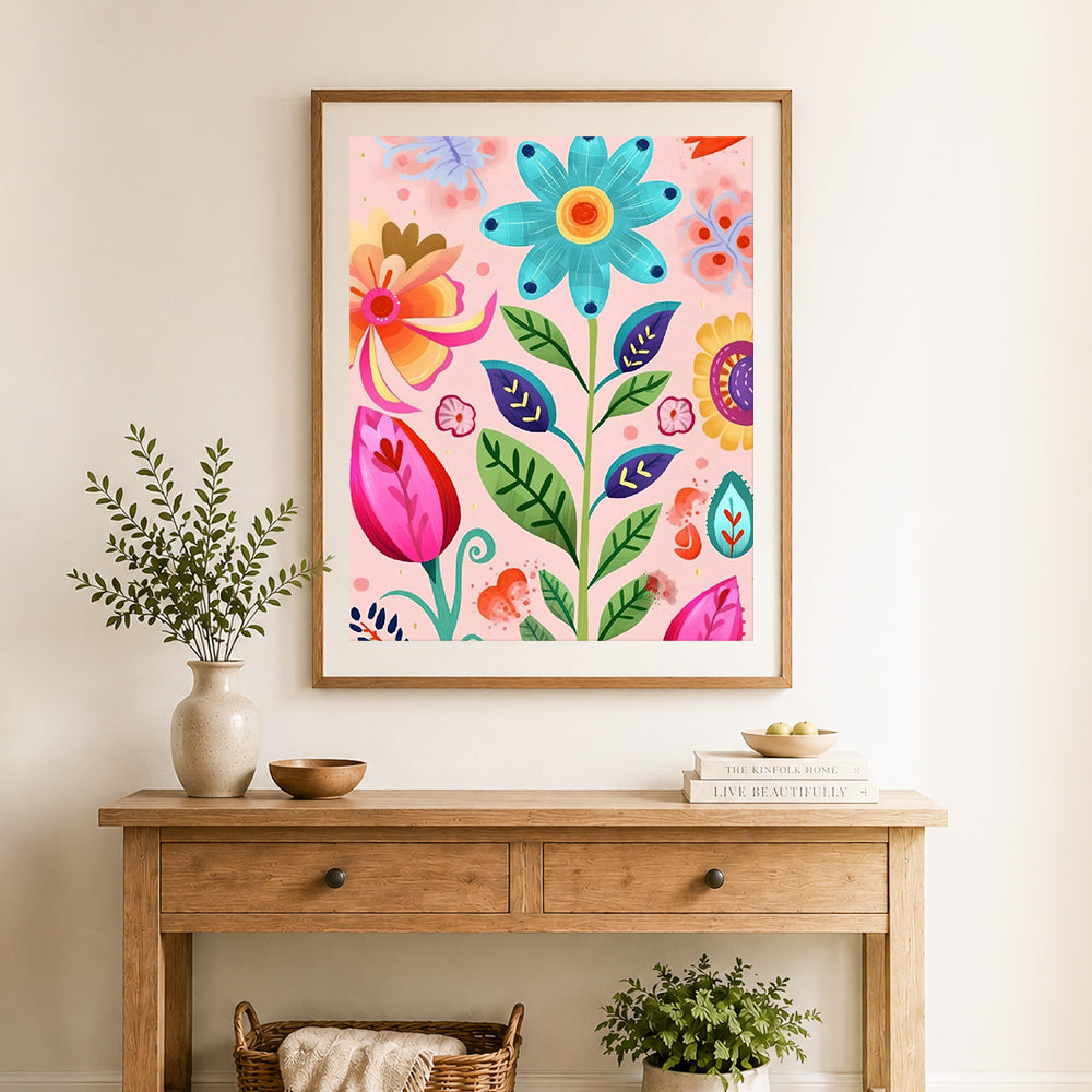 Finished colorful wildflower sketch cross stitch artwork displayed as home decor
