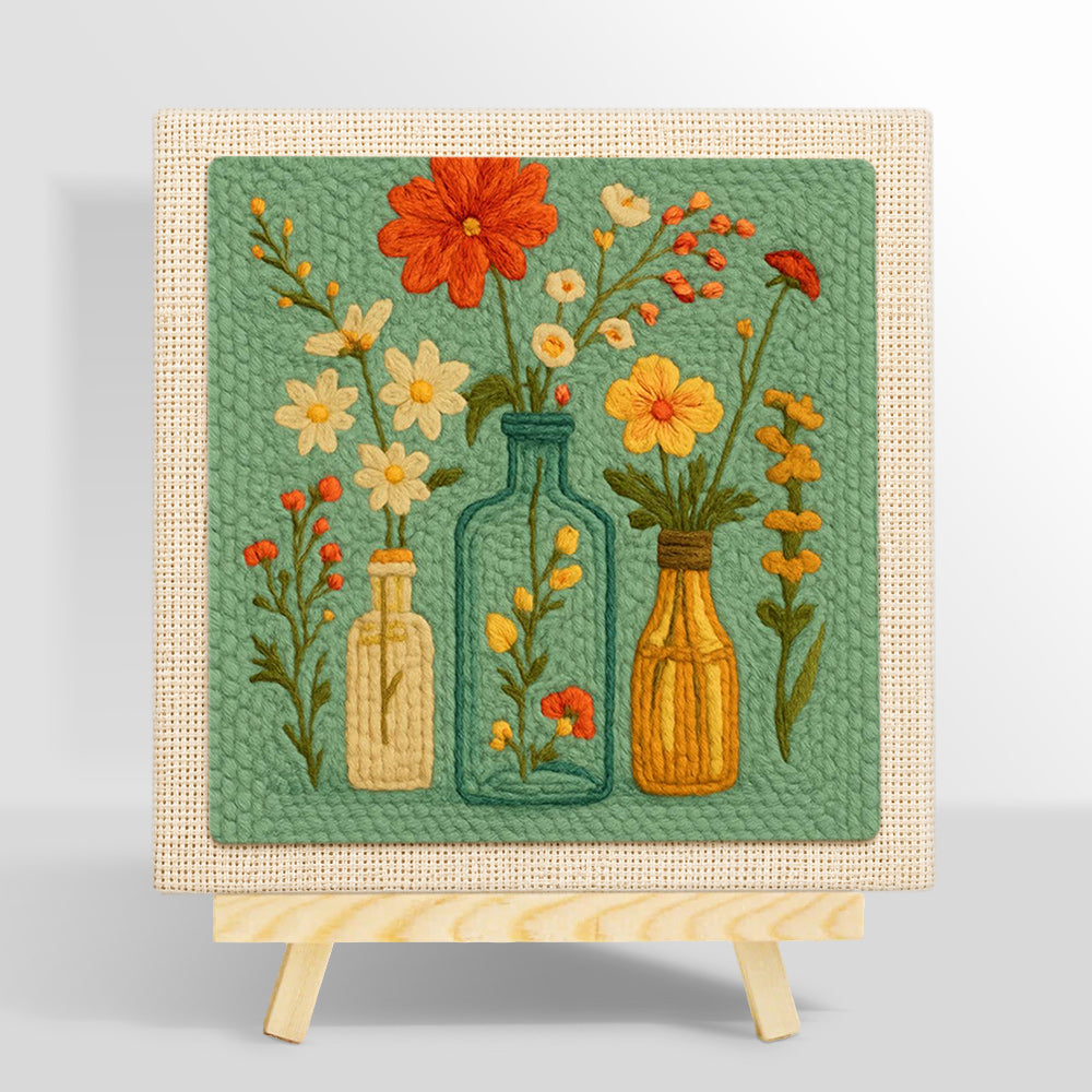 Colorful wildflowers in the glass bottles punch needle kit for beginners