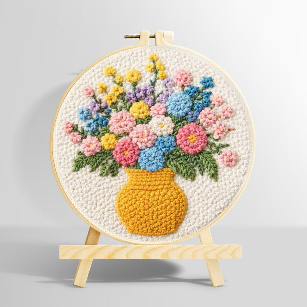 Colorful wildflowers in yellow vase punch needle kit for beginners