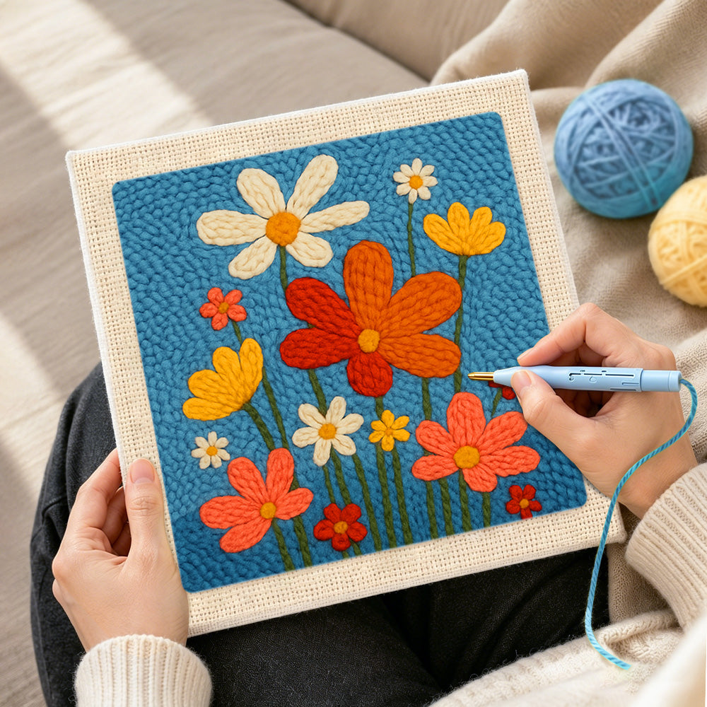 Creating handmade colorful wildflowers punch needle artwork