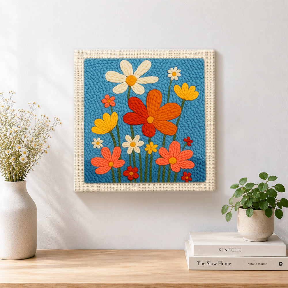 Finished colorful wildflowers artwork displayed on a wall