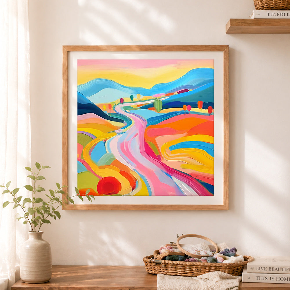 Finished colorful winding road in the mountains cross stitch artwork displayed as home decor