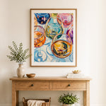 Finished colorful wine glasses cross stitch artwork displayed as home decor