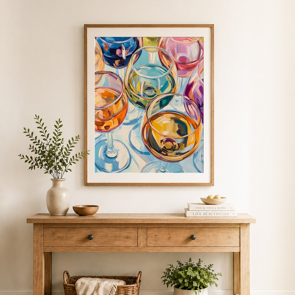 Finished colorful wine glasses cross stitch artwork displayed as home decor