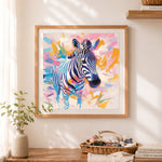 Finished colorful zebra cross stitch artwork displayed as home decor
