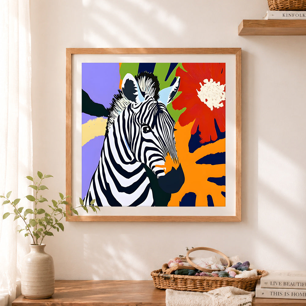 Finished colorful zebra floral art cross stitch artwork displayed as home decor
