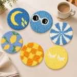 Cool blue smiley, moon and lemon punch needle coasters used for home decoration