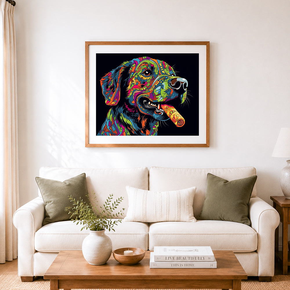 Finished cool chill dog cross stitch artwork displayed as home decor