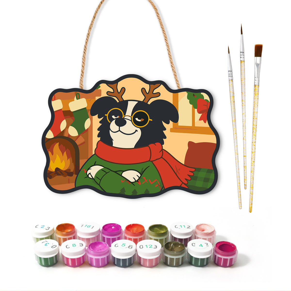 Cool christmas dog paint by numbers door hanger with paints and brushes