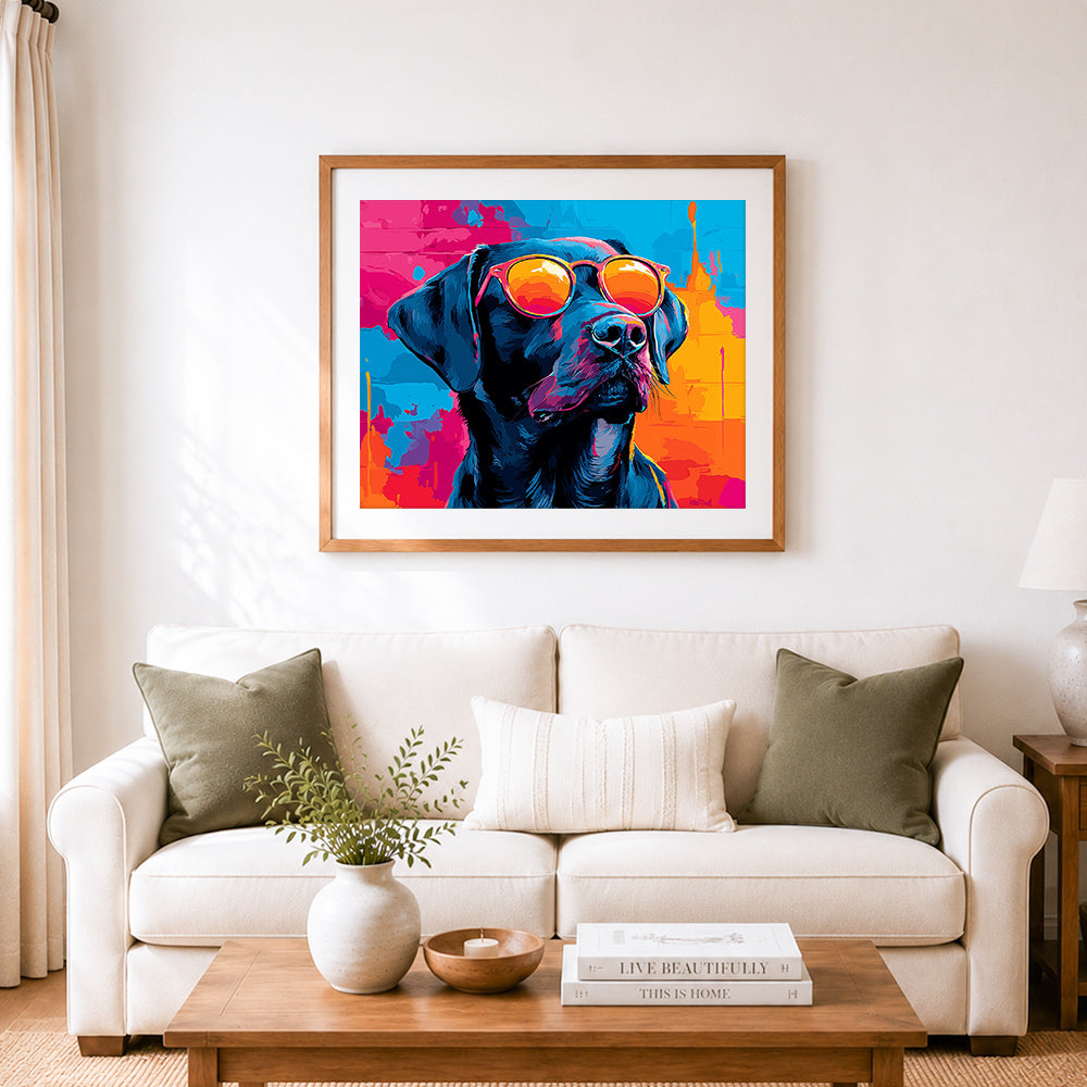 Finished cool dog with sunglasses cross stitch artwork displayed as home decor