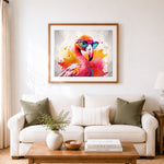 Finished cool flamingo wearing sunglasses cross stitch artwork displayed as home decor