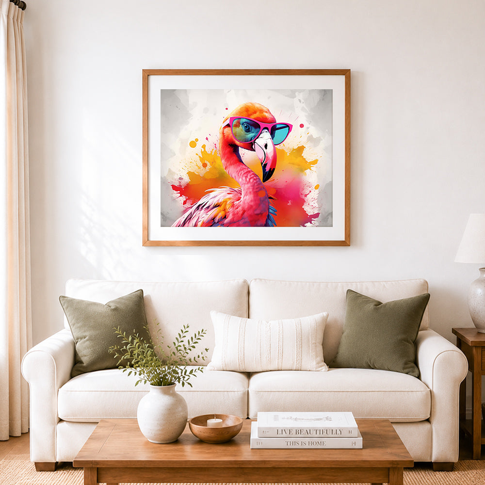 Finished cool flamingo wearing sunglasses cross stitch artwork displayed as home decor