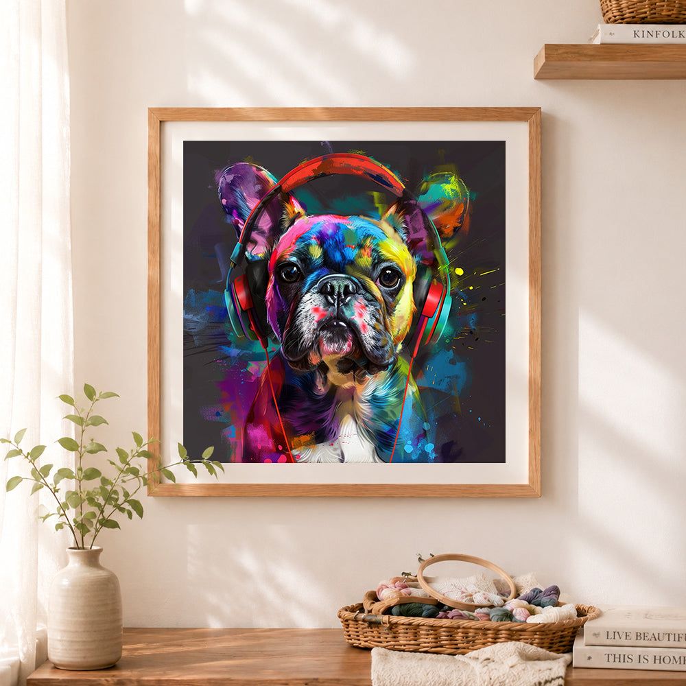 Finished cool french bulldog with headphones cross stitch artwork displayed as home decor