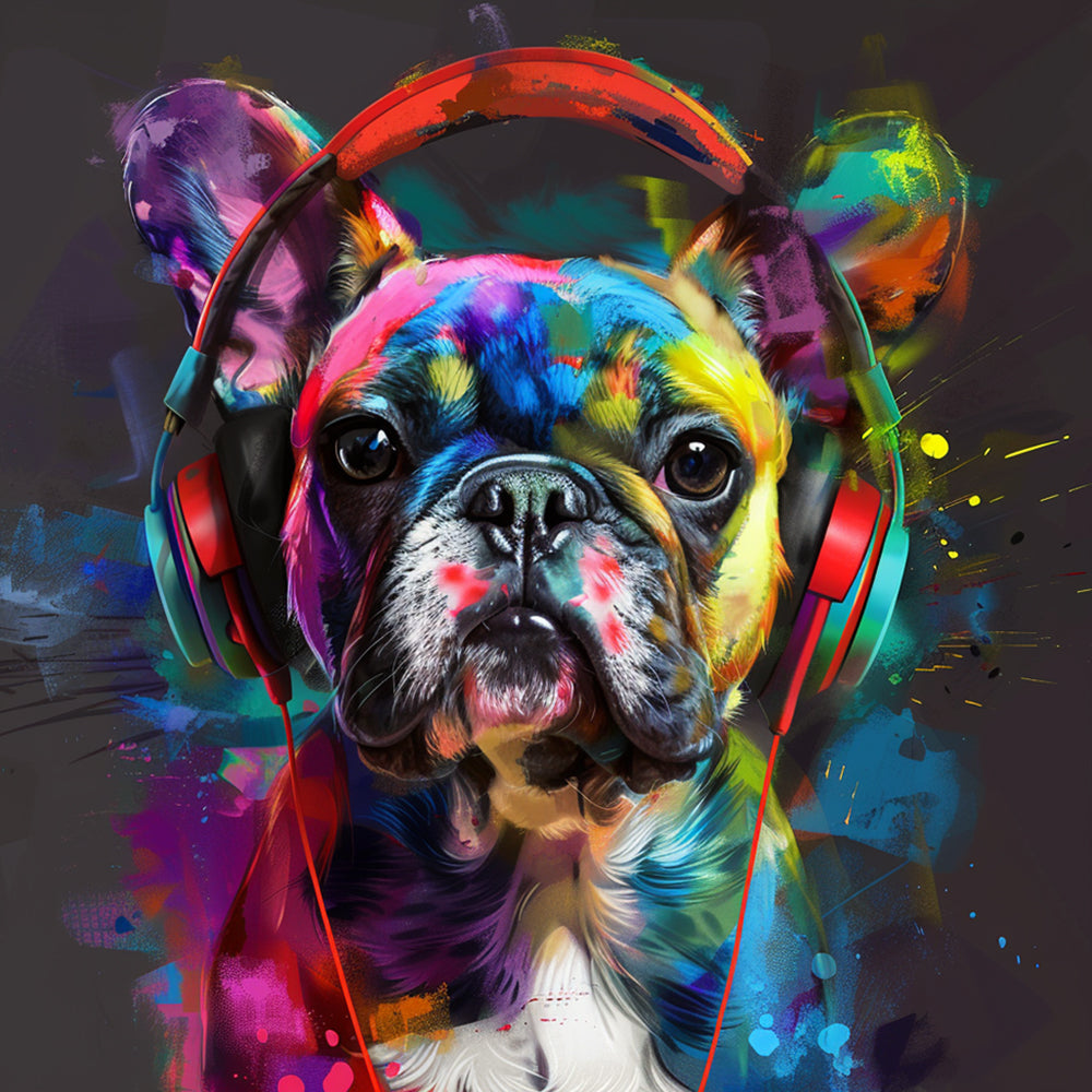 Cool french bulldog with headphones cross stitch kit for beginners