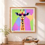 Finished cool giraffe with pink sunglasses cross stitch artwork displayed as home decor