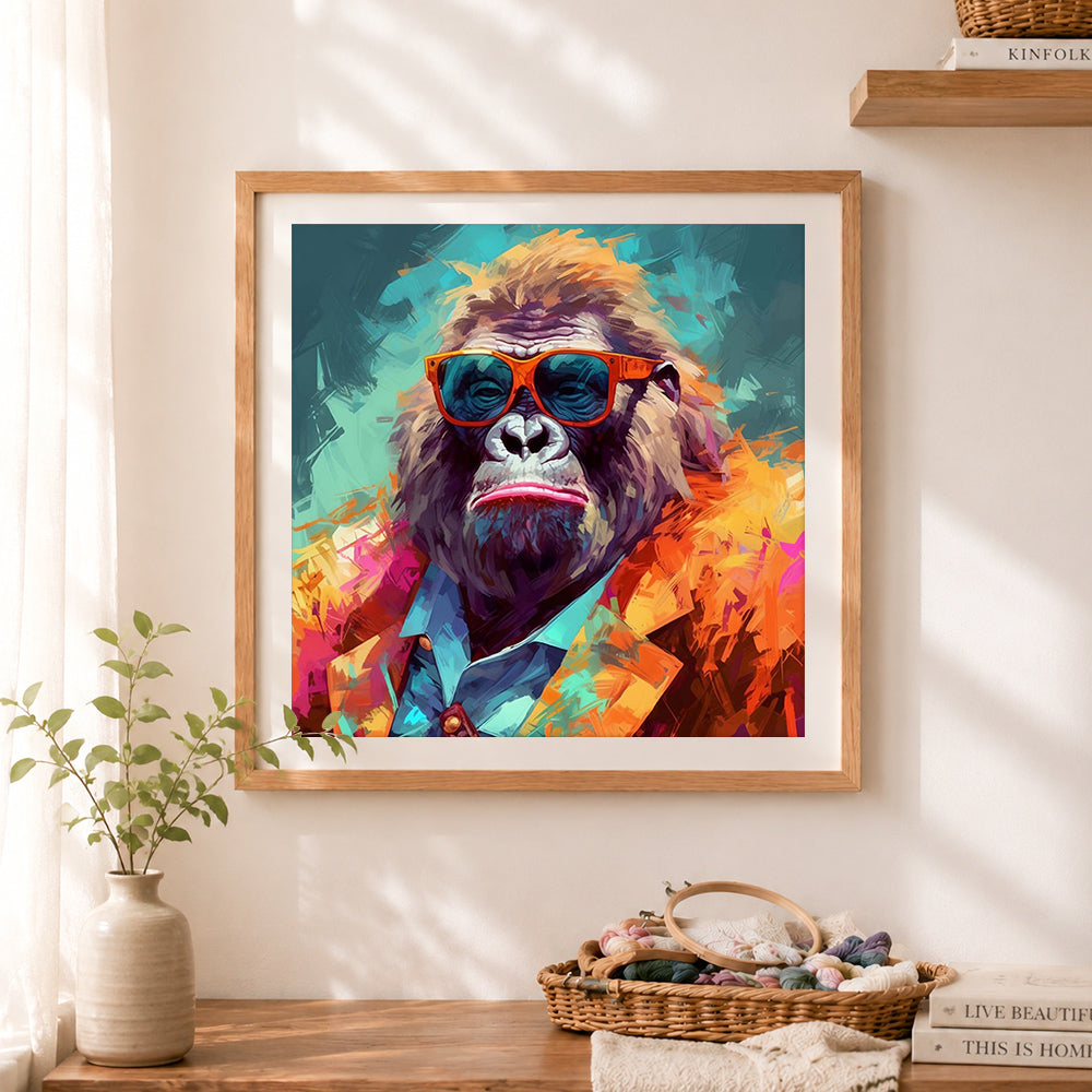 Finished cool gorilla wearing sunglasses cross stitch artwork displayed as home decor