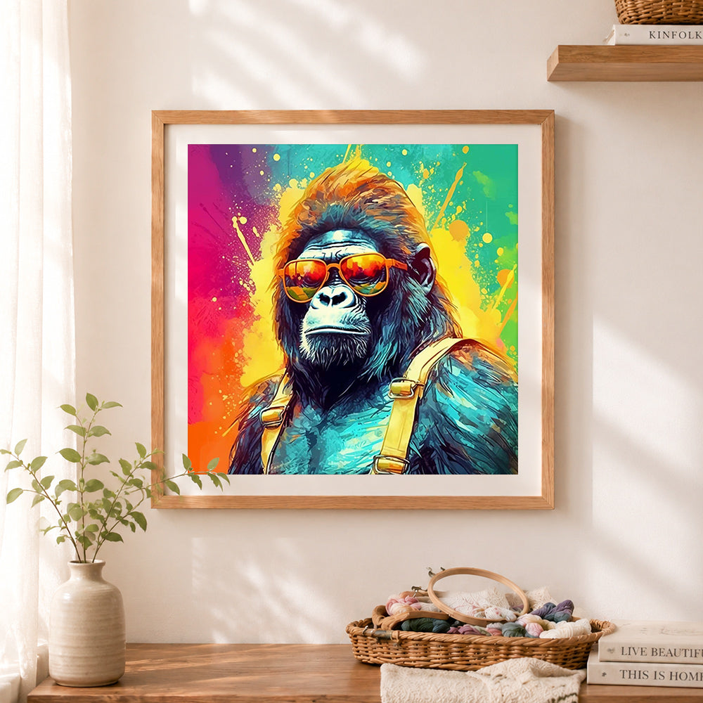 Finished cool gorilla with sunglasses cross stitch artwork displayed as home decor