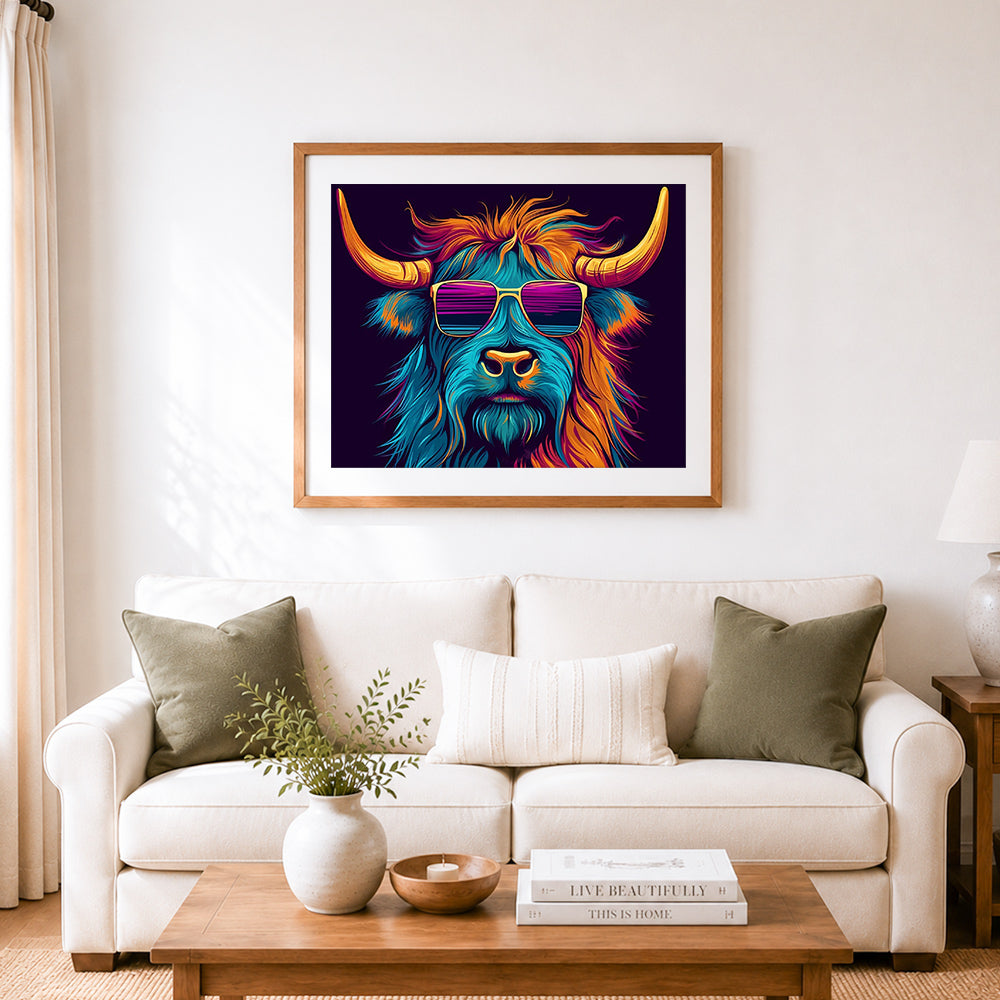 Finished cool highland cow with shades cross stitch artwork displayed as home decor
