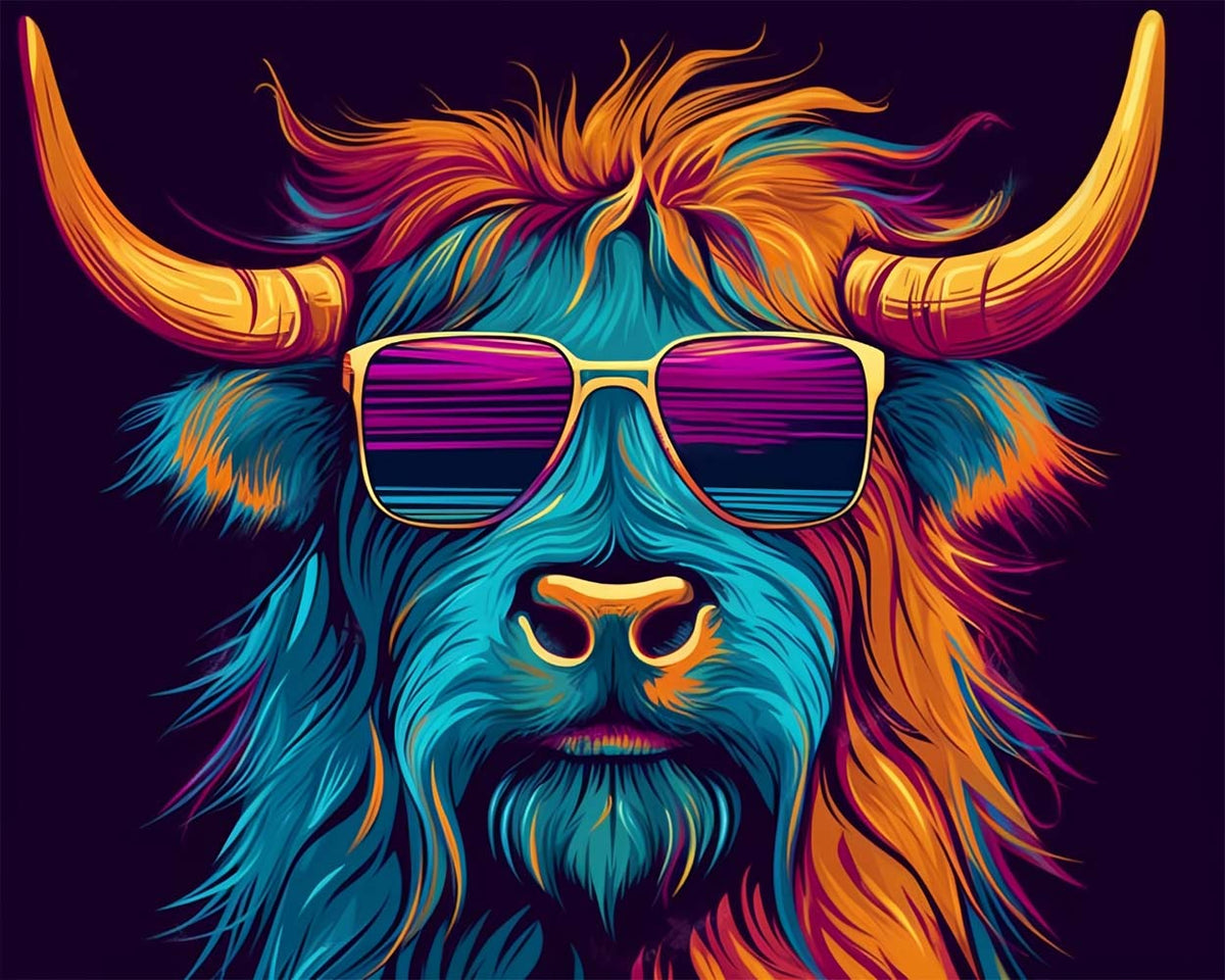 Cool highland cow with shades cross stitch kit for beginners