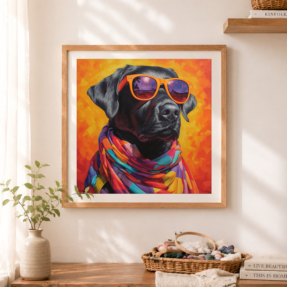 Finished cool labrador with sunglasses cross stitch artwork displayed as home decor