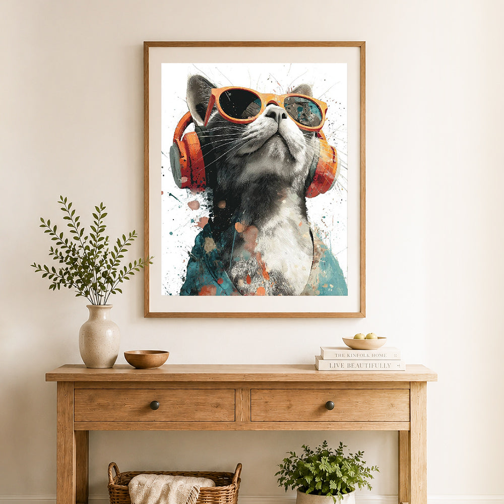 Finished cool music‑loving cat cross stitch artwork displayed as home decor