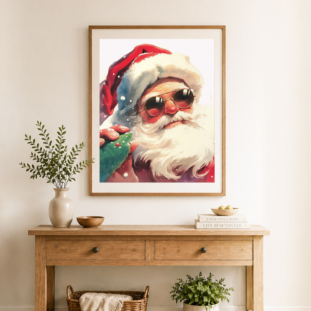 Finished cool santa claus cross stitch artwork displayed as home decor