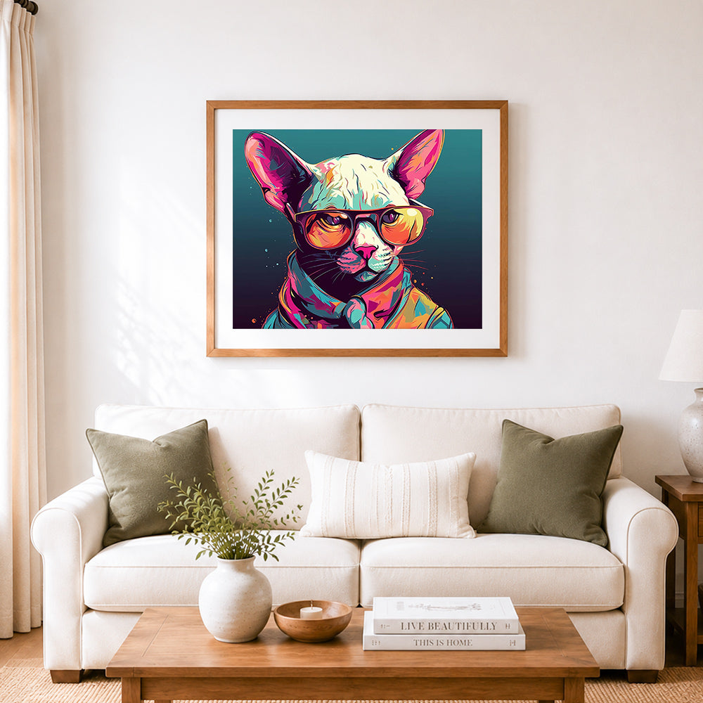 Finished cool shades sphynx cat cross stitch artwork displayed as home decor