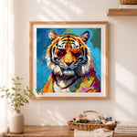 Finished cool tiger in sunglasses cross stitch artwork displayed as home decor