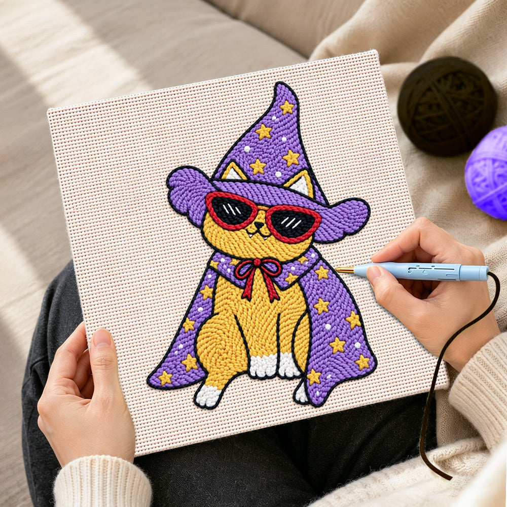 Creating handmade cool wizard cat punch needle artwork